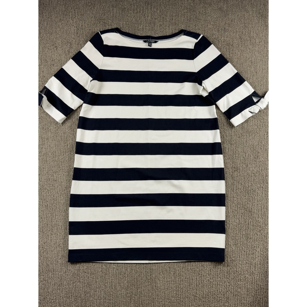 Lauren Ralph Lauren Striped Shirt Dress Womens XL Tie Short Sleeve Black White